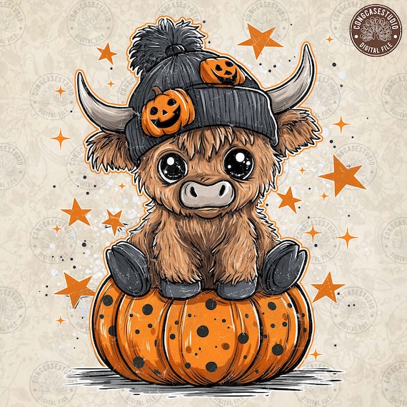 Funny Halloween Cow PNG: Retro Pumpkin Highland Cow Shirt Design , Digital Download