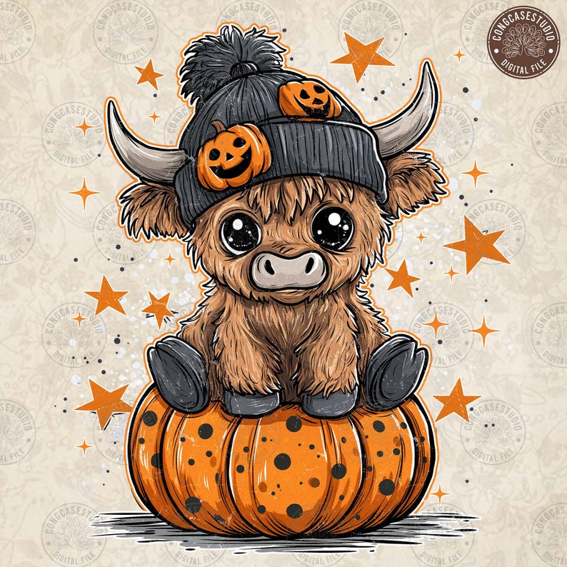 May include: A cute cartoon illustration of a Highland cow calf wearing a black knit hat with two jack-o'-lanterns. The calf is sitting on a large orange pumpkin with black spots, surrounded by orange stars.
