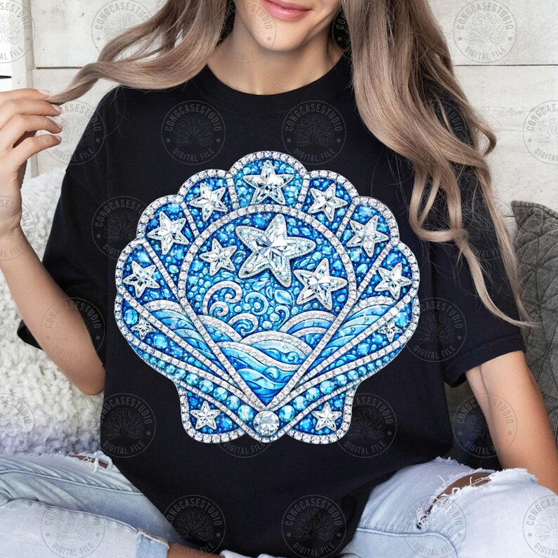 Blue Coastal Seashell PNG: Rhinestone Summer Vibes Beach Design, Trendy ...