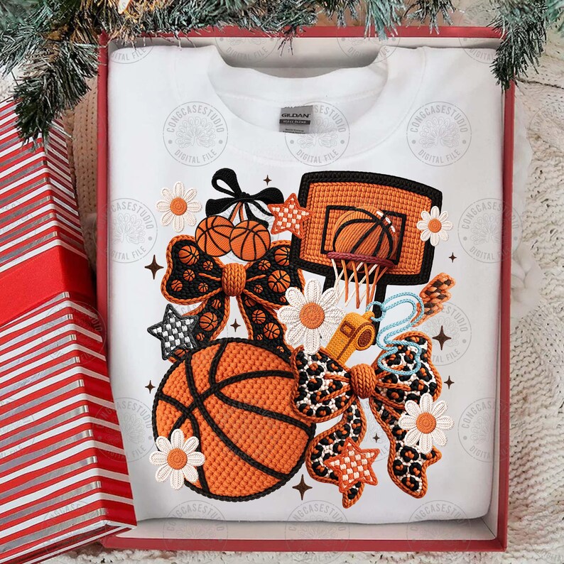 May include: White sweatshirt featuring a basketball design. The design includes an orange basketball, a hoop, bows, stars, and daisies. The design also includes a whistle and the text "CONGCASESTUDIO DIGITAL FILE".