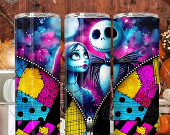May include: Three stainless steel insulated tumblers featuring a colorful design. The design includes Jack Skellington and Sally from The Nightmare Before Christmas, set against a starry night sky and a patchwork zipper.