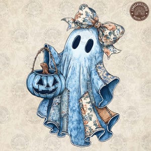 May include: A light blue ghost illustration with a floral bow and patches. The ghost holds a blue jack-o'-lantern bucket with a wooden handle. The design has a vintage, watercolor style, perfect for Halloween.