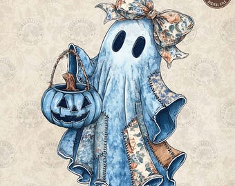Patchwork Spooky Ghost Png, Cute Boo Ghost Coquette, Retro Halloween Blue Denim Ghost Png, Fall Pumpkin, Spooky Season Png, Digital Download
