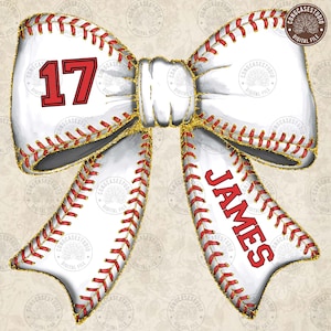 May include: A white baseball-themed bow with red stitching and gold glitter. The bow has the number "17" and the name "JAMES" written on it.