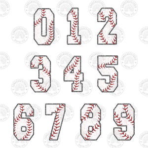 May include: A set of ten baseball-themed numbers, 0 through 9, with a white background and red stitching. The numbers are in a vintage style with a distressed look.