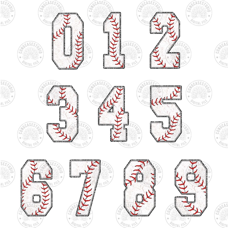 May include: A set of ten baseball-themed numbers, 0 through 9, with a white background and red stitching. The numbers are in a vintage style with a distressed look.