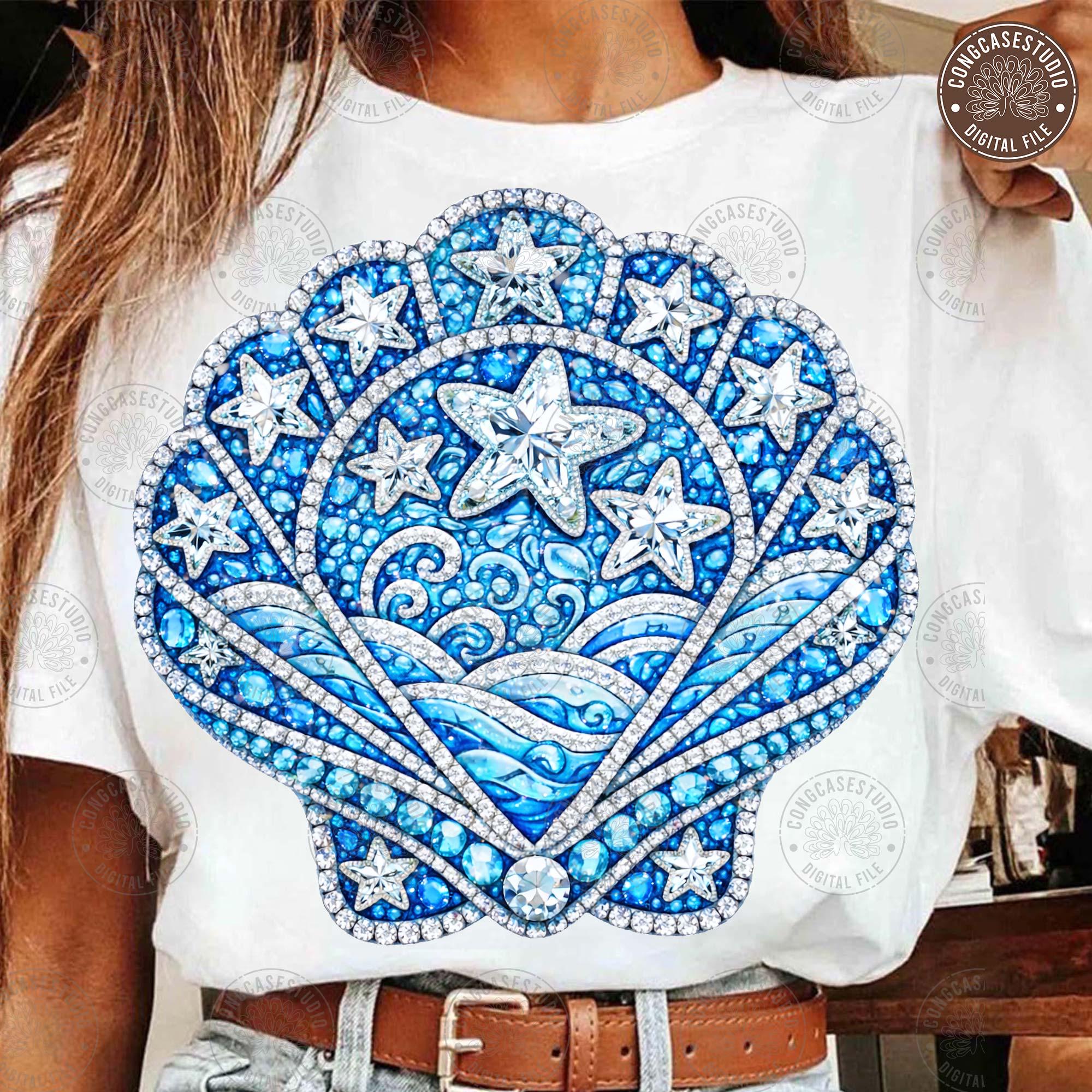 Blue Coastal Seashell PNG: Rhinestone Summer Vibes Beach Design, Trendy ...