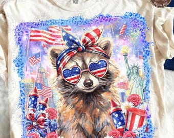 Hand Drawn Raccoon PNG: Western 4th of July Shirt Design, Leopard Freedom Anniversary USA Flag Graphic, Kids Patriotic, Digital Download