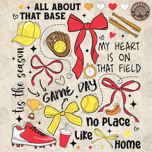 May include: A digital illustration with a baseball theme. It features a yellow baseball cap, a glove with a ball, red bows, baseball bats, a stopwatch, a trophy, a red shoe, a drink, and the text "ALL ABOUT THAT BASE".