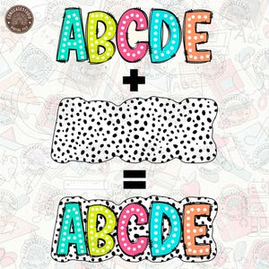Paquete de 5 conjuntos de letras alfa con paleta de colores brillantes, puntos y garabatos alfa, letras de marquesina, alfabeto de lunares y lunares dálmatas, descarga digital.