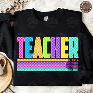 Back To School Png, Retro Neon Checkered Teacher Png, Colorful Checkerboard Teacher Shirt Design, Groovy Teacher Png, Digital Download