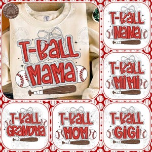 Peut inclure: Six designs différents de graphismes sur le thème du t-ball avec une batte de baseball et des balles de baseball. Le texte indique "T-Ball Nana", "T-Ball Mimi", "T-Ball Grandma", "T-Ball Mom", "T-Ball Gigi" et "T-Ball Mama".
