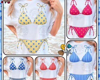 Sommarbikini PNG-paket: Ränder och prickar, lapptäcke, sjöflicka-skjortadesign, digital nedladdning