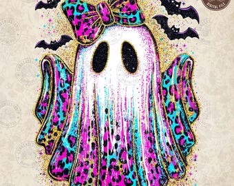 May include: A whimsical Halloween-themed illustration of a ghost with a large bow. The ghost is white with black oval eyes and a colorful leopard print design in pink, teal, and gold. Three black bats and gold glitter complete the design.