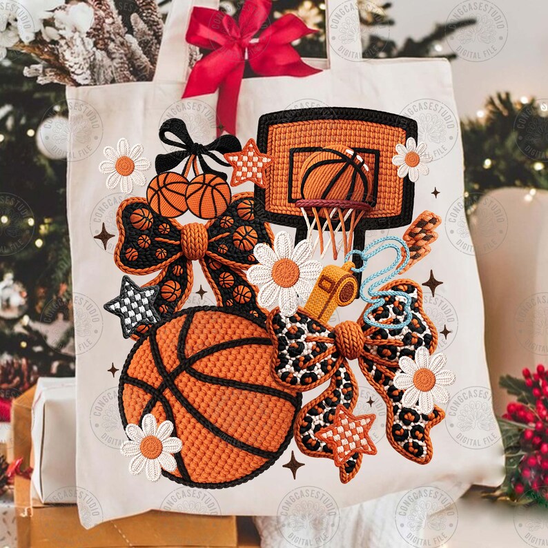 May include: A cream tote bag with a basketball design. The design includes an orange basketball, a hoop, bows, stars, and daisies. A red bow is at the top. The bag has the text "CONGCASES STUDIO DIGITAL FILE".