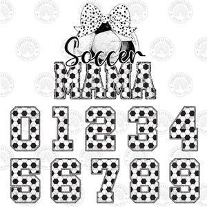K&ouml;nnte beinhalten: Schwarz-wei&szlig;es Fu&szlig;balldesign mit Schleife und dem Text "Soccer Mama". Das Bild enth&auml;lt auch die Zahlen 0-9 im gleichen Design.