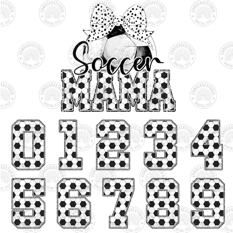 K&ouml;nnte beinhalten: Schwarz-wei&szlig;es Fu&szlig;balldesign mit Schleife und dem Text "Soccer Mama". Das Bild enth&auml;lt auch die Zahlen 0-9 im gleichen Design.