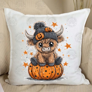 May include: A decorative pillow featuring a cartoon Highland cow wearing a gray beanie with pumpkin accents. The cow is sitting on a large orange pumpkin with black spots, surrounded by orange stars. The pillow has the text "CONGCASESTUDIO" on it.