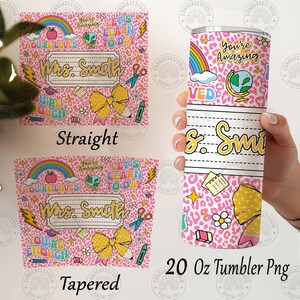 Peut inclure: Un gobelet rose de 590 ml avec un motif l&eacute;opard et le texte "You're Amazing" et "Mrs. Smith". Le gobelet pr&eacute;sente un arc-en-ciel, un globe et des graphiques sur le th&egrave;me de l'&eacute;cole. La conception comprend les mots "You're Loved", "Let's Learn Today" et "You're Enough".