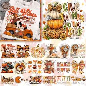 Peut inclure: Ensemble de motifs numériques sur le thème de l'automne. Comprend un t-shirt blanc avec le texte "Fall Vibes" et Mickey et Minnie Mouse, une pile de citrouilles et divers graphiques liés à l'automne comme des dindes, des nœuds et un longhorn. Les motifs sont dans les tons orange, marron et jaune.