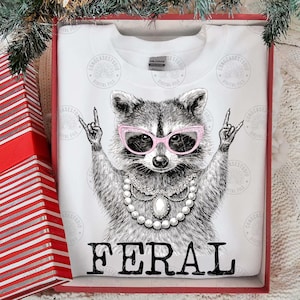 May include: White sweatshirt with a graphic of a raccoon wearing pink sunglasses and a pearl necklace, making a rock and roll hand gesture. The word "FERAL" is printed in black block letters below the raccoon.