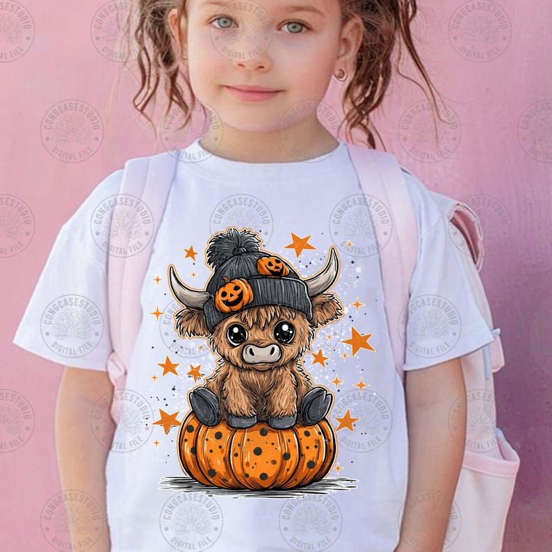 May include: White t-shirt featuring a cartoon Highland cow wearing a black beanie with pumpkin accents, sitting on an orange pumpkin. The design includes orange stars and a speckled background, perfect for Halloween.