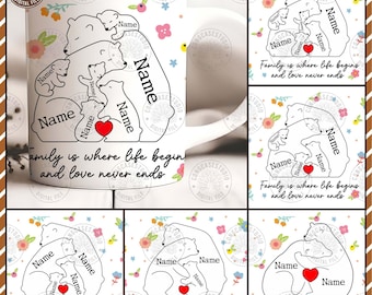 Anpassad upp till 7 barn, mammabjörn 3D-uppblåst mugg, omslagspapper, png, mamma 11oz muggmall, mors dag-kaffemuggar png, mammablommor, digital nedladdning