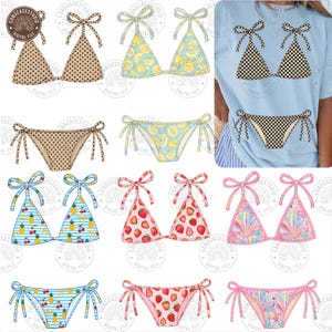 May include: A collection of bikini sets featuring various patterns including polka dots, lemons, checkered prints, pineapples, cherries, strawberries, and seashells. Each set consists of a triangle top with tie straps and matching side-tie bikini bottoms.
