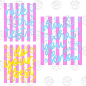 Paquete PNG para el día de la prueba: Diseño de profesora a rayas "Rock This Test No Stress Coquette", gráficos para camisetas con frases sobre las pruebas estatales, descarga digital. imagen 2