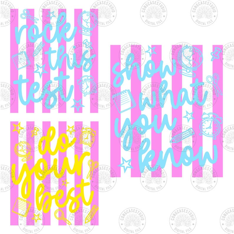 Paquete PNG para el día de la prueba: Diseño de profesora a rayas "Rock This Test No Stress Coquette", gráficos para camisetas con frases sobre las pruebas estatales, descarga digital. imagen 2