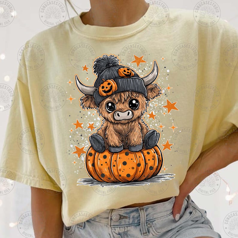 May include: A light yellow t-shirt featuring a cartoon Highland cow wearing a black hat with pumpkin accents, sitting on an orange pumpkin. Orange stars and glitter surround the cow, creating a Halloween theme.