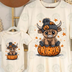 May include: Cream-colored t-shirt and onesie featuring a cartoon Highland cow wearing a pumpkin-decorated hat, sitting on an orange pumpkin. Orange stars are scattered around the cow. The text "CONGCASESTUDIO" is printed on the shirts.