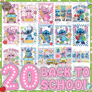 以下が含まれることがあります： 大きな耳を持つ青とピンクのエイリアンのキャラクターが描かれた、学校をテーマにした20種類のデジタルイラスト集。スクールバス、鉛筆、本、地球儀、リンゴのデザインが含まれており、BRUH WE BACKやFIRST DAY OF SCHOOLというテキストが添えられています。