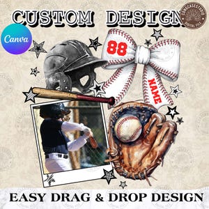 May include: A baseball-themed sublimation design featuring a baseball glove, bat, helmet, and a bow with the number 88 and the word "NAME". A photo of a young baseball player is in a frame. The design is on a beige background with stars.