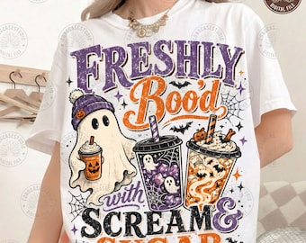 Vers gegrinnikt met Scream en Sugar PNG: Retro Halloween PNG, Grappige geest met koffie PNG, Halloween PNG, Spooky Season, Digitale download