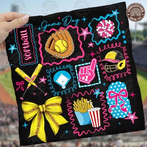 May include: Black square design with softball-themed graphics. Includes a softball glove with a ball, bats, a bow, a foam finger, a helmet, a baseball field, a drink, and fries. The words "Game Day" and "Softball" are also present.