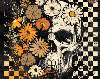 Checkered Skeleton Halloween PNG: Floral Skull, Preppy Spooky Season, Digital Download