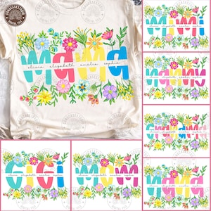 Peut inclure: T-shirt crème avec le mot "MAMA" en lettres colorées, chaque lettre d'une couleur différente. Le mot est entouré d'un motif floral avec diverses fleurs et les noms Olivia, Elizabeth, Amelia et Sophia.