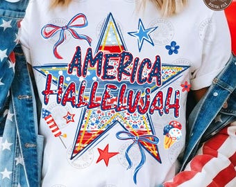 Preppy America Hallelujah PNG: Blommig patriotisk kokett 4 juli-skjortdesign, digital nedladdning