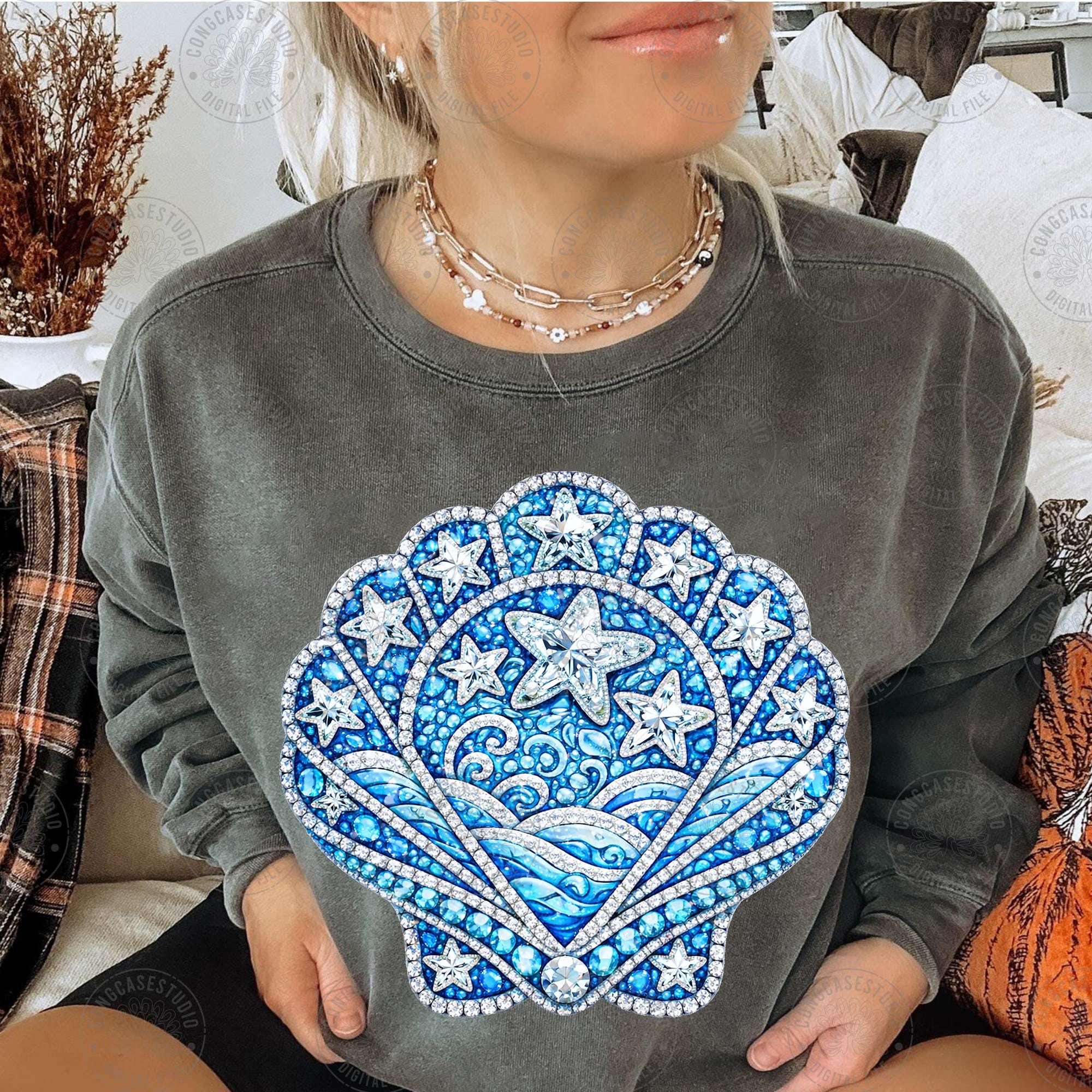Blue Coastal Seashell PNG: Rhinestone Summer Vibes Beach Design, Trendy ...