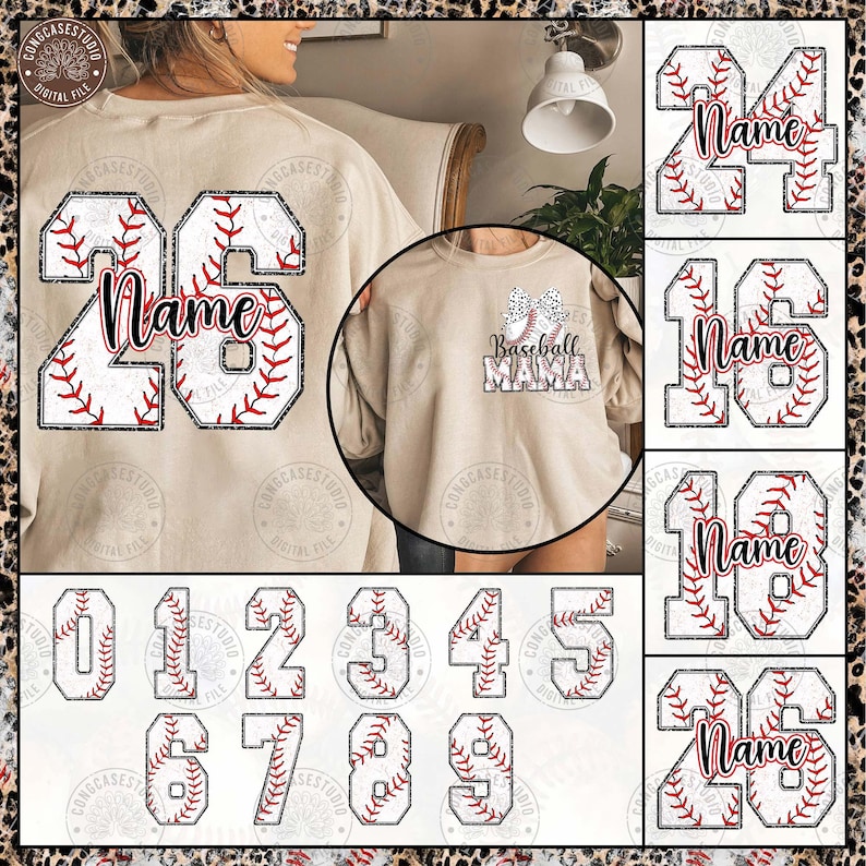 May include: A digital design featuring baseball-themed graphics. The design includes a baseball with the word "Name" inside, numbers 0-9, and the phrase "Baseball Mama".