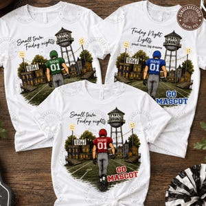 May include: Three white t-shirts featuring a graphic of a football player on a field with a water tower, stadium lights, and bleachers. The text reads Small town Friday nights, Friday Night Lights, Peterburg, and Go Mascot with player numbers.