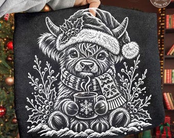 Highland Cow Christmas PNG: Preppy Retro Cow Christmas Design, Cute Santa Holiday Graphic, Girly Country Christmas Shirt, Digital Download