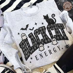Black Cat Energy Png: Vintage Distressed Halloween Png, Retro Faux Yarn Png, Trendy Fall Shirt Design, Spooky Season Png, Digital Download