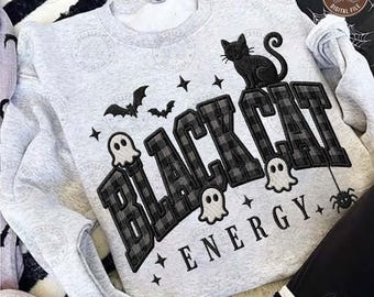 Black Cat Energy Png: Vintage Distressed Halloween Png, Retro Faux Yarn Png, Trendy Fall Shirt Design, Spooky Season Png, Digital Download