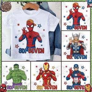 May include: White t-shirt featuring a Spider-Man graphic with a baseball cap, surrounded by stars. The text "SIX SEVEN" is displayed in red and blue. Additional images of superheroes are also shown.