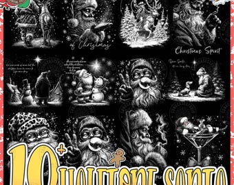 May include: A digital file featuring ten halftone Santa Claus illustrations in black and white. The images include Santa with reindeer, snowmen, and text that reads "Believe in the magic of Christmas" and "Christmas Spirit". The file also includes the text "10 Halftone Santa".