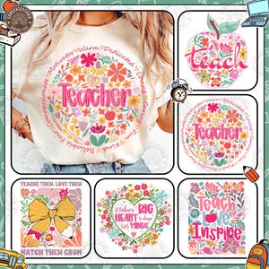 5 Retro Boho School Teacher Png Bundle, Teach Them Png, Inspirational Back to School Png, Cute Teacher, Boho Wildflowers , Digital Download
