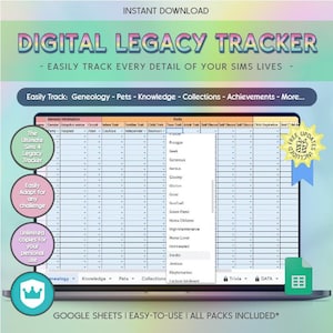 シムズ4 Googleスプレッドシートトラッカー、レガシーチャレンジ、テンプレート、スプレッドシート、デジタルプランナー、ジャーナル「ROYALTY & LEGACY」