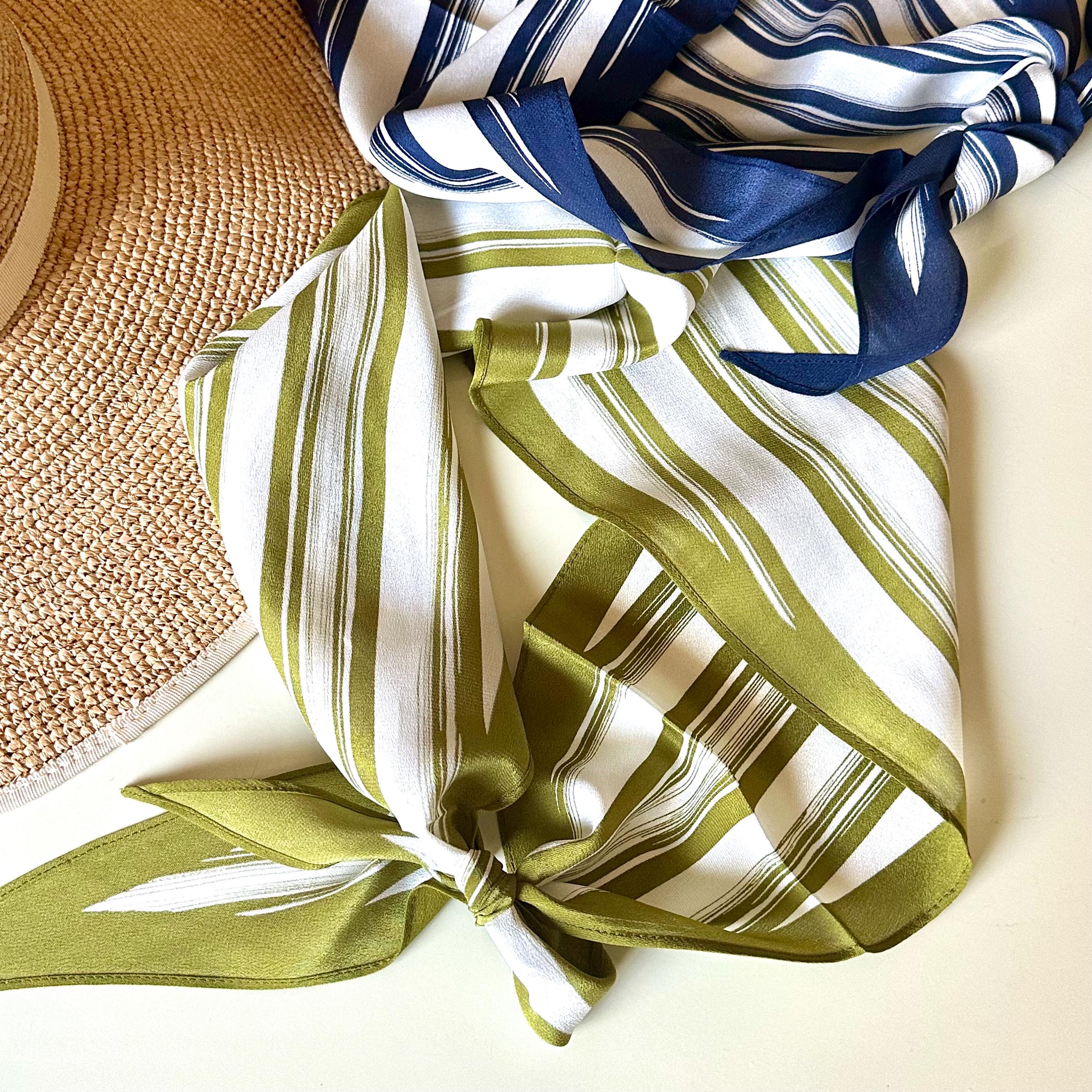 French Silk Skinny Scarf, 14 Momme Double Crepe, Blue Green Neckerchief, Summer Hair Scarf